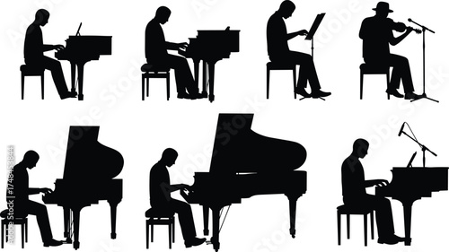 Silhouette musicians playing piano and violin, black and white illustration, musical performance, concert art, classical instruments, artistic posture, music lovers