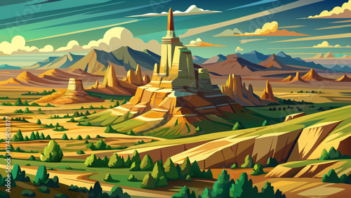 Very beautiful Chimney Rock National Historic Site in western Nebraska, USA, vector-style illustration highlighting iconic sandstone spire and wide prairie landscape.