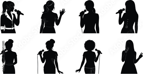 Silhouette women singing with microphone, black and white illustration, diverse female performers, music concert art, vocal expression, stage presence, artistic pose