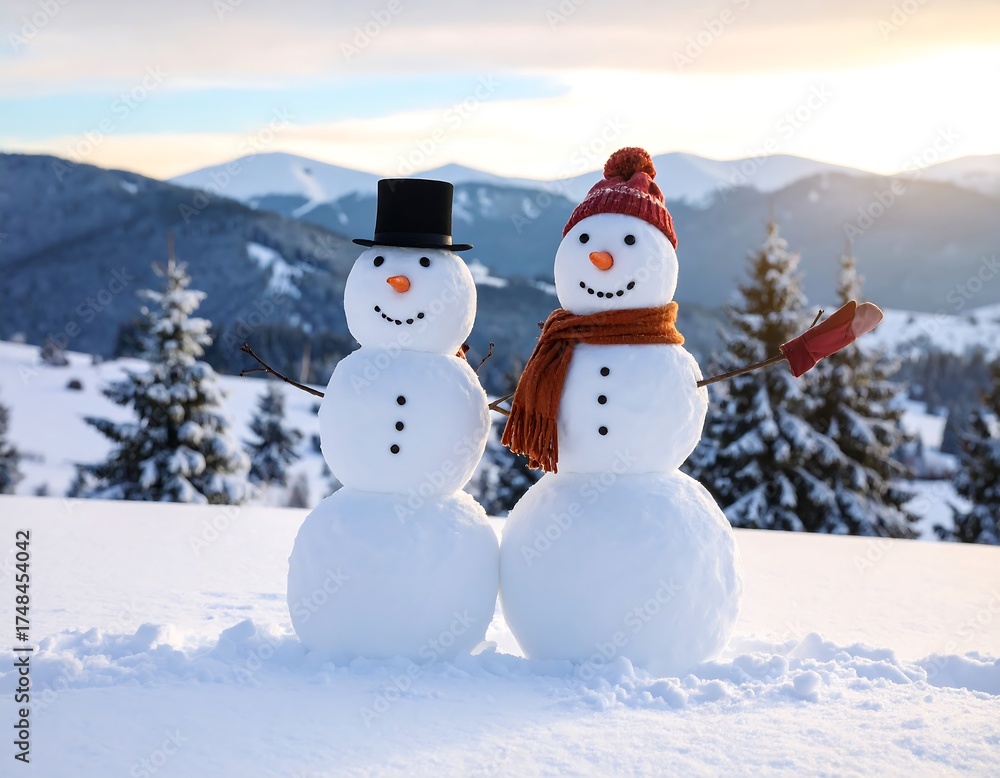 Obraz premium Two snowmen stand in a snowy landscape at sunrise