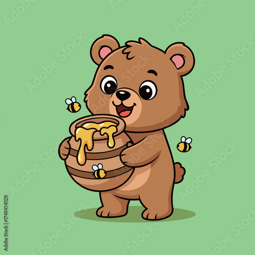 Adorable cartoon bear with honey pot and buzzing bees, a sweet treat for kids, perfect for storybooks, invitations, or delightful designs