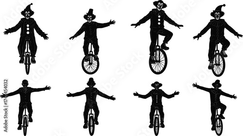 Dark clown riding unicycle, eerie jester character in black costume, colorful hat variations, surreal circus performer poses, spooky carnival illustration set
