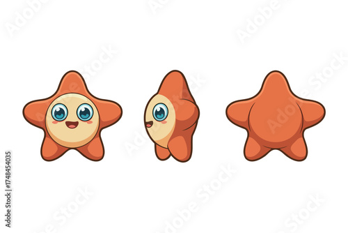 Adorable starfish cartoon character in three poses, perfect for ocean-themed designs and playful kids' illustrations, bring a touch of aquatic charm today