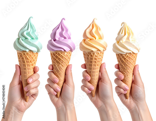 Four ice cream cones in pastel colors held by hands