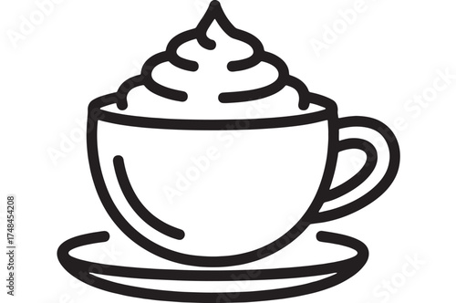 Stylized hot beverage with whipped cream and saucer, perfect for cafe menus and designs.