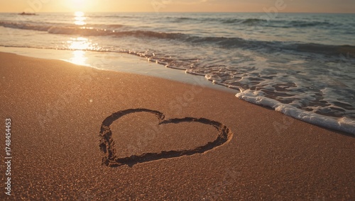 Romantic heart drawn in the sand at sunset creates a peaceful and loving scene, perfect for travel blogs, Valentine's Day, or beach vacation promotions