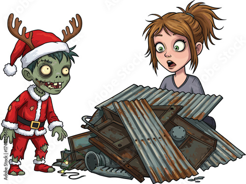Zombie Santa, cartoon horror, festive junkyard, Christmas chaos, surreal scene, shocked character, holiday debris, funny illustration, green zombie, antler hat