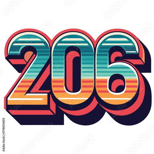 Retro style number 206 with sunset stripes and 3d effect