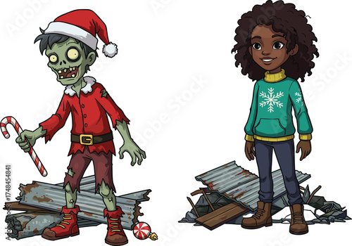 Zombie Santa, Christmas horror, cartoon character, festive apocalypse, holiday chaos, winter sweater, debris background, surreal scene, funny illustration, seasonal clash