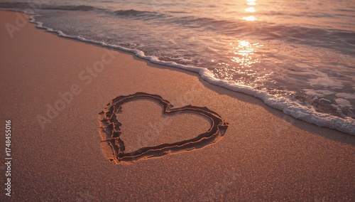 Romantic heart drawn in the sand at sunset with gentle waves washing ashore creates a dreamy and peaceful vibe for travel, love, and connection