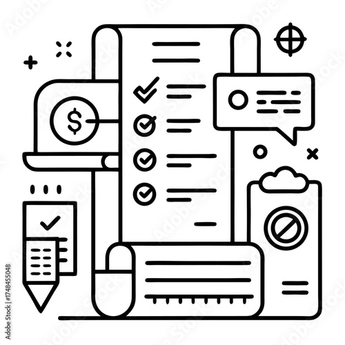 Minimal line art illustration of business planning and project management, checklist, laptop, chat bubble, and financial icons in black and white outline style