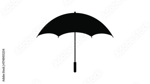 A simple black silhouette of an open umbrella against a white background