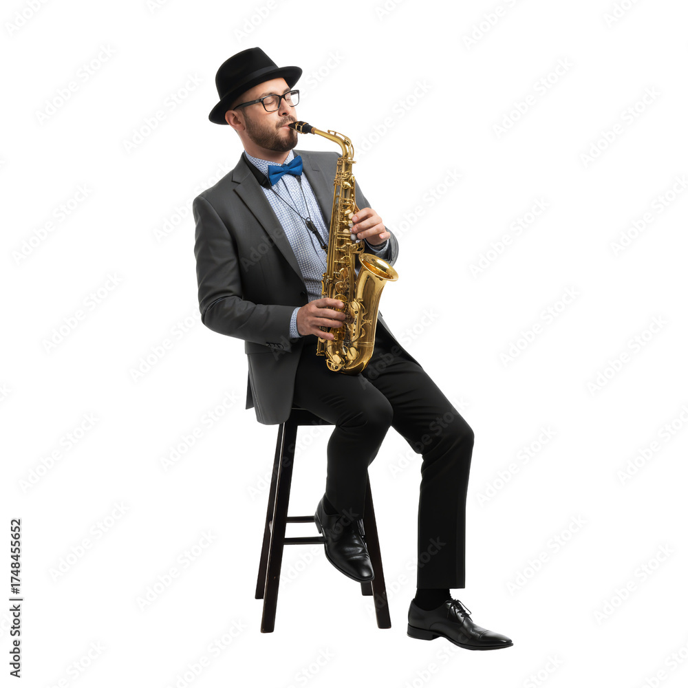Naklejka premium Stylish musician with saxophone seated against an isolated transparent backdrop