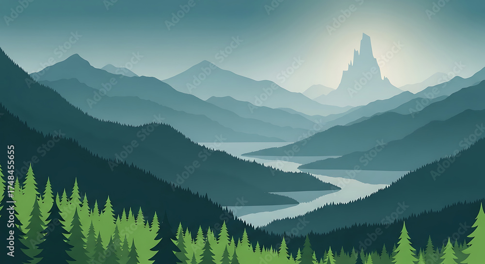 Fototapeta premium Panoramic view of a vast mountain range with a winding river and pine forest, under a hazy sky
