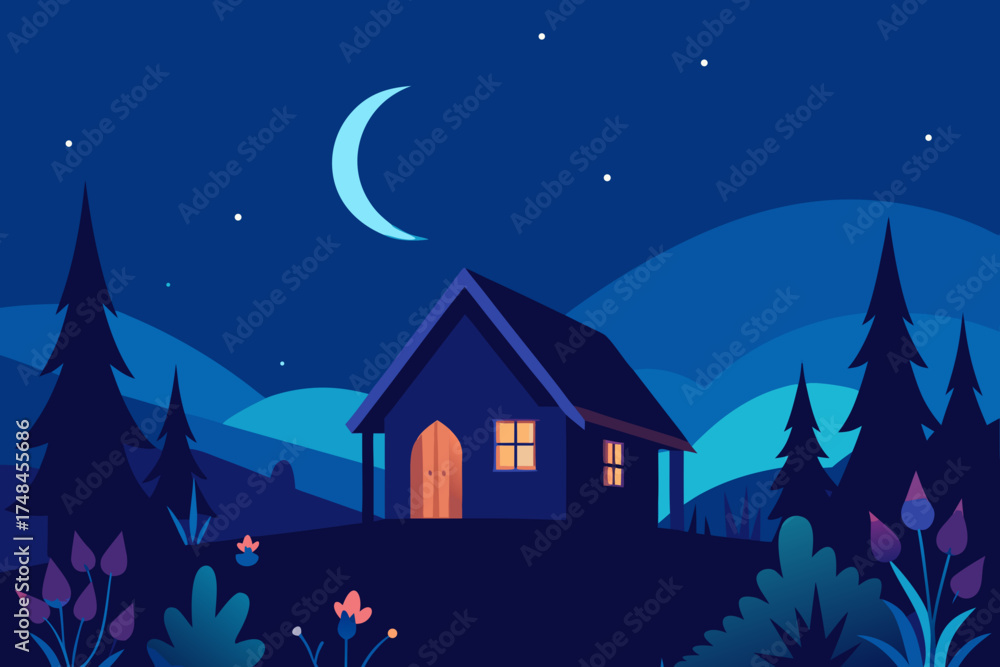 Fototapeta premium Cozy a frame cabin nestled amongst pine trees under a crescent moonlit night sky with stars and rolling hills