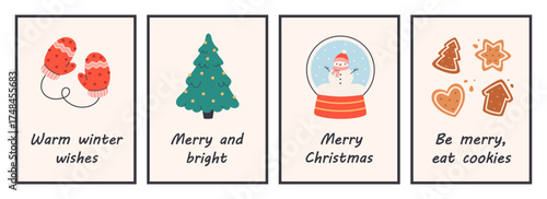 Cute simple Christmas posters. Trendy hand drawn doodle cozy winter poster set with quotes. Perfect for cards, invitations, posters, home decor, and seasonal design. Flat vector illustration