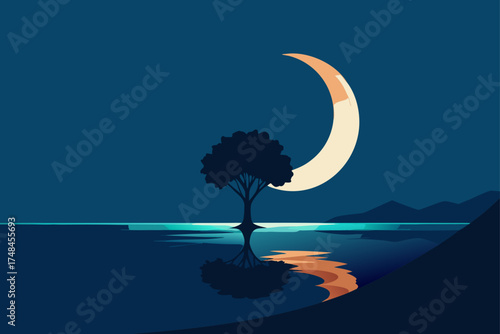 Serene night landscape with a solitary tree silhouetted against a crescent moon reflecting in calm water with distant mountains
