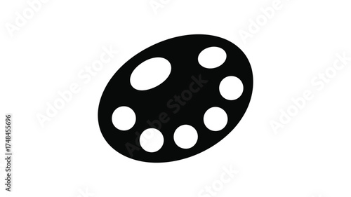 Black silhouette of an artist s paint palette with circular wells on a white background