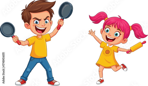 Children playing with kitchen utensils, boy holding frying pans, girl with rolling pin, kids cooking pretend play, joyful childhood, imagination, creativity