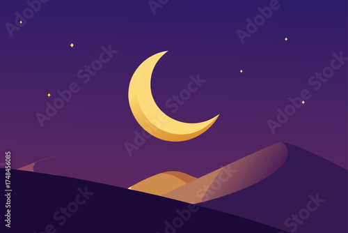 A stylized crescent moon shines brightly in a deep purple night sky over abstract desert dunes with scattered stars