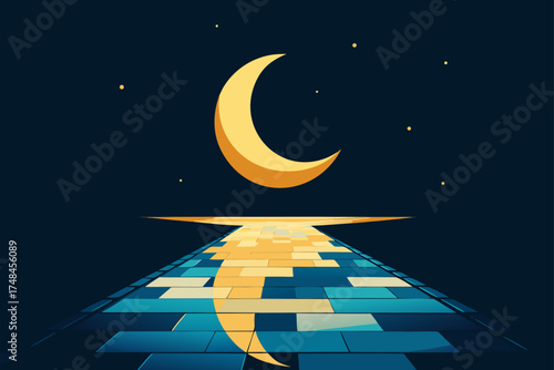 A crescent moon shines over a reflective pathway of blue and yellow tiles under a starry night sky