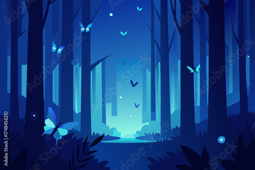 Enchanting blue forest scene with glowing butterflies and fireflies at twilight