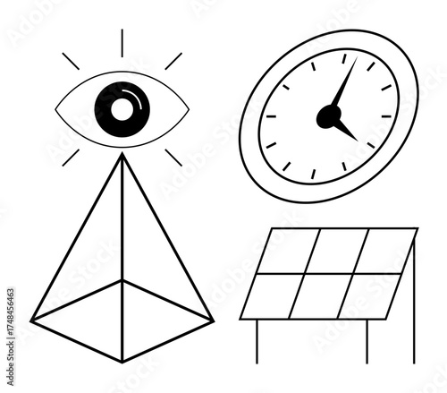 Black-and-white linear depiction of an eye atop a pyramid, a clock, and a solar panel. Ideal for themes thumbs up sustainability, energy, time management, innovation, technology, mindfulness