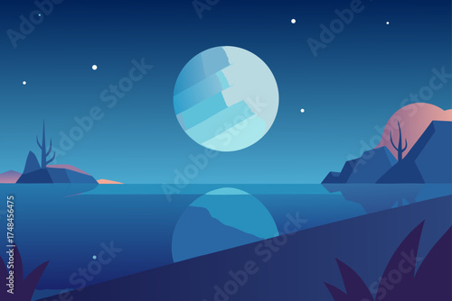 Tranquil minimalist landscape at twilight with a large glowing planet or moon reflected in calm water and silhouetted hills under a starry sky