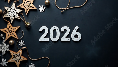 Festive 2026 New Year Decor with Snowflakes, Stars, and Golden Ornaments