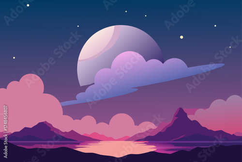 A surreal alien landscape at twilight with a large planet in the sky and colorful clouds over mountains and a reflective lake