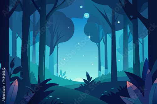 Enchanting deep blue forest at night with glowing fireflies and a clear starry sky creating a magical serene atmosphere