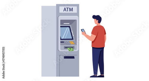 Man using a smartphone at an ATM machine to withdraw money.