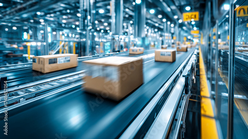 Boxes moving on a conveyor belt in a modern distribution center.