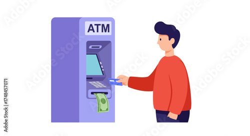 Man using an ATM to withdraw money, with a green bill coming out of the machine.