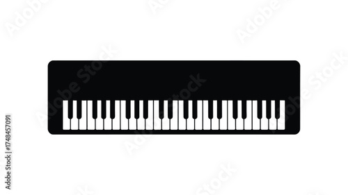 Top view of a black digital piano keyboard with white and black keys against a white background