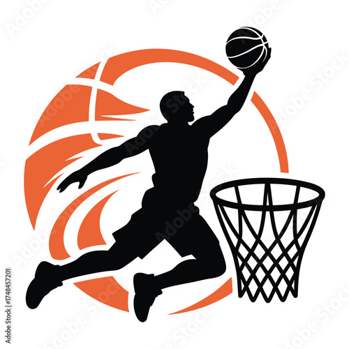 Basketball Poster Art  Energetic Dunk Silhouette with Hoop Vector