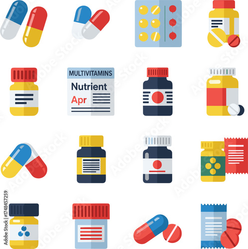 Flat Minimal Vector Collection of Multi Vitamin Complex Icons with Capsules, Tablets, Bottles, Nutrient Labels, and Supplement Packs.