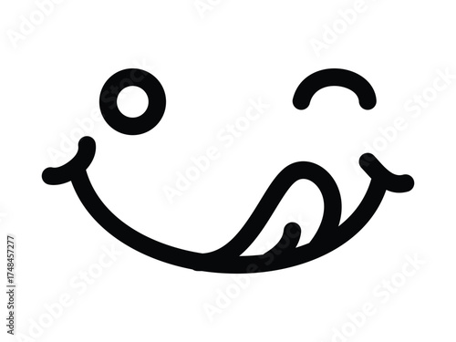 Yummy Face Smiley Icon with Tongue Lick, Delicious Tasty Food Emoticon Vector in Line Cartoon Style on White Background