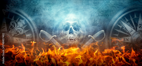 Scull and pirate pistols and an old compass, ancient map. Background on the t...
