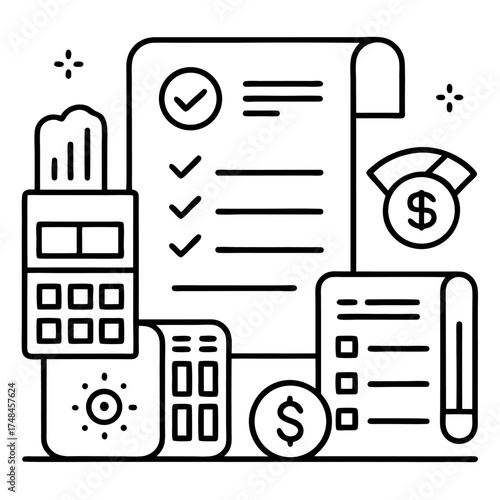 Minimal line art illustration of business planning and project management, checklist, laptop, chat bubble, and financial icons in black and white outline style