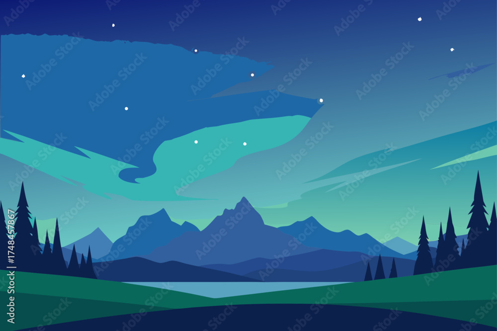 Obraz premium Serene minimalist landscape featuring a tranquil lake reflecting the vibrant aurora borealis dancing across a starry night sky above silhouetted mountains and pine trees