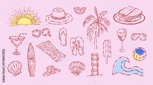 Hand-drawn doodle vector set of summer  icons and food illustration