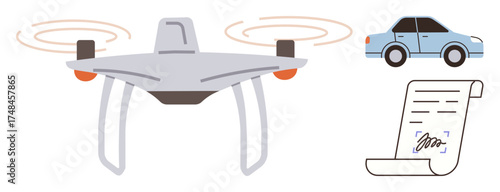 quadcopter in flight, blue car symbolizing transportation, and signed document for legality. Ideal for delivery, automation, technology, logistics, innovation contracts mobility themes. Simple flat