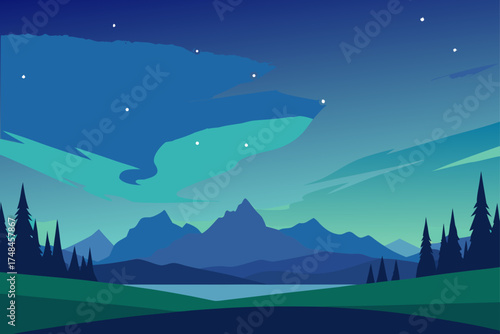 Serene minimalist landscape featuring a tranquil lake reflecting the vibrant aurora borealis dancing across a starry night sky above silhouetted mountains and pine trees