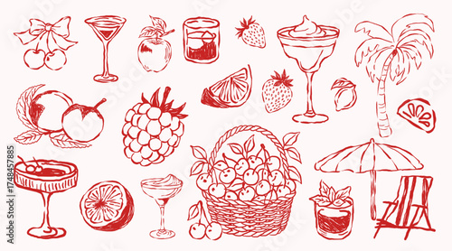A colorful set of hand-drawn illustrations of wine glasses and beverages like red and white wine, champagne, cocktails, and juice, isolated as vector art for your party or celebration