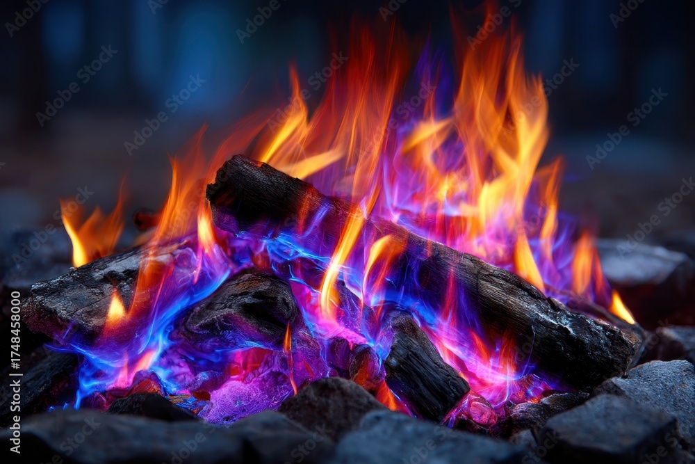 Fototapeta premium Vibrant campfire flames dance above glowing embers in a nighttime setting
