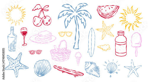 Hand-drawn vector icons set of summer beach accessories illustration for a holiday summer food  design.