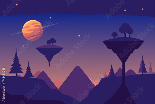 Surreal alien landscape with floating islands stylized trees distant mountains and a ringed planet in a twilight sky with stars