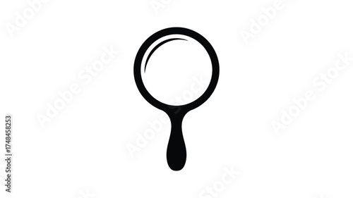 Simple black silhouette of an oval hand mirror with a long handle on a white background