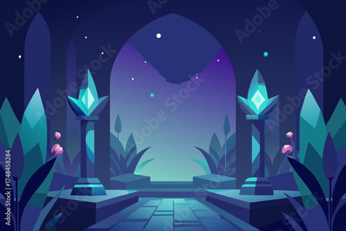 Enchanting fantasy portal entrance with glowing crystals on ancient pillars surrounded by mystical plants under a starry night sky